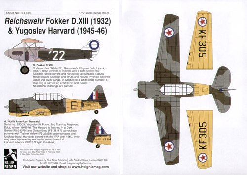 Blue Rider BR-419 1:72 Fokker D.XIII White 22 Reichswehr Flying school; T-6G/Harvard EF302/E Yugoslav Air Force 2nd Training Regt 1945