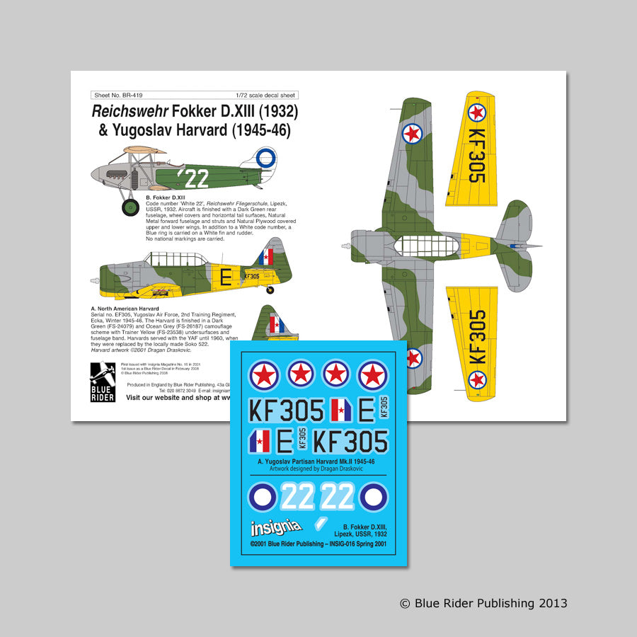 Blue Rider BR-419 1:72 Fokker D.XIII White 22 Reichswehr Flying school; T-6G/Harvard EF302/E Yugoslav Air Force 2nd Training Regt 1945