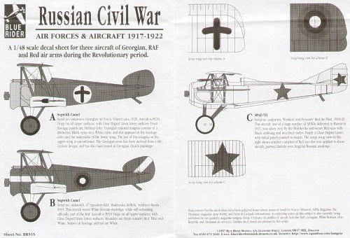 Blue Rider BR-515 1:48 Soviet Civil War 1917-22. 2 Sopwith Camels and Spad VIIC.Iof RAF, Georgian and Red Air Arms