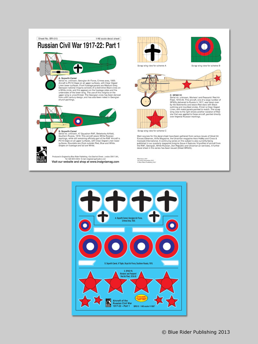 Blue Rider BR-515 1:48 Soviet Civil War 1917-22. 2 Sopwith Camels and Spad VIIC.Iof RAF, Georgian and Red Air Arms