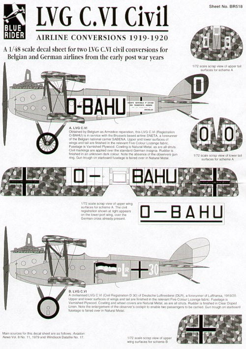 Blue Rider BR-518 1:48 LVG C.VI Belgian and German Civil Airlines 1919-1920