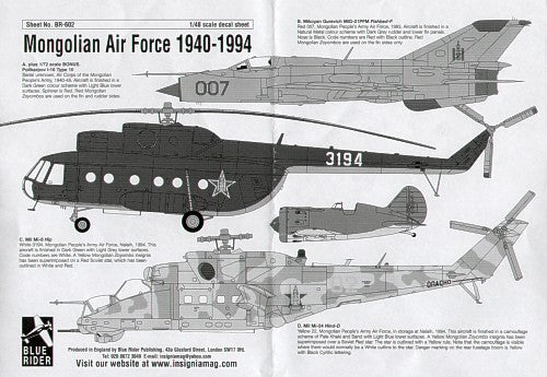 Blue Rider BR-602 1:48 Mongolian Air Force 1940-1994. MiG-21PFM; I-16; Mil Mi-6; Mil Mi-24