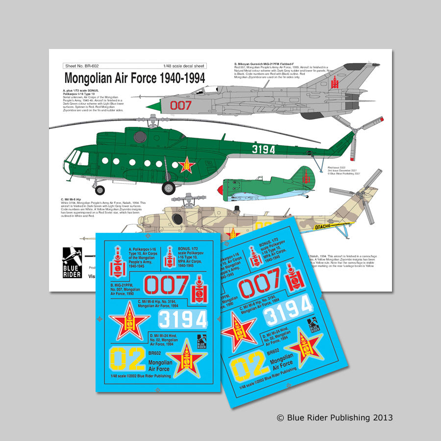 Blue Rider BR-602 1:48 Mongolian Air Force 1940-1994. MiG-21PFM; I-16; Mil Mi-6; Mil Mi-24