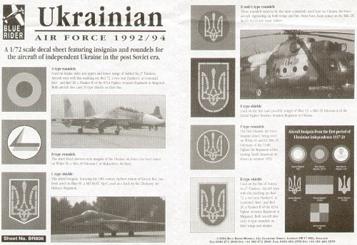Blue Rider BR-808 1:72 Ukrainian Air Force 1992/94. National Insignia. Various styles