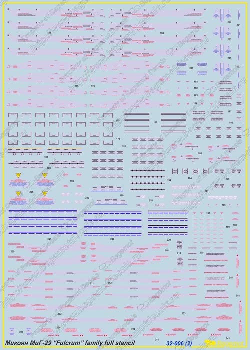 Begemot 32006 1:32 Mikoyan MiG-29 'Fulcrum' stencil 1/32, full decal set for aircraft and armament