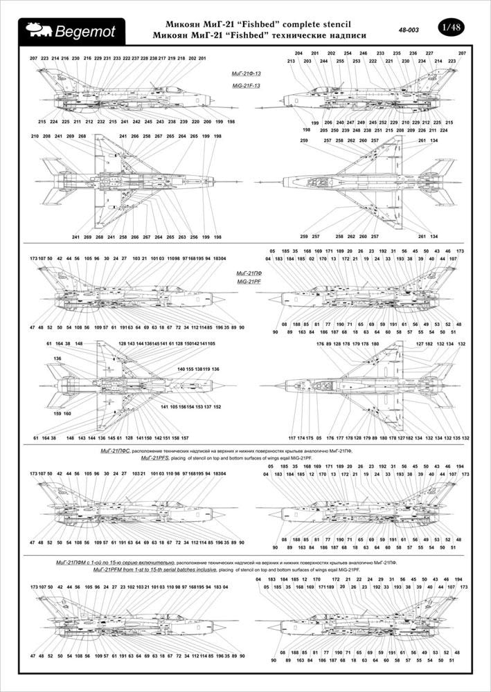 Begemot BT48003 1:48 Mikoyan MiG-21 Fishbed complete stencil data for one aircraft
