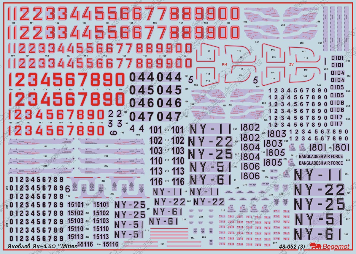 Begemot 48-052 1:48 Yakovlev Yak-130 Decal  Russian, Belarus, Algeria, Myanmar, Laos and Bangladesh Air Force.