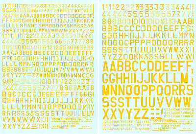Colorado 48008 1:48 Yellow French Code letters/numbers in 5 sizes. Approx. 14mm, 8mm, 6mm, 5mm, 4mm
