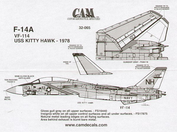 CAM 32065 1:32 Grumman F-14A Tomcat 159858 VF-114 Aardvarks NH/103 USS Kitty Hawk