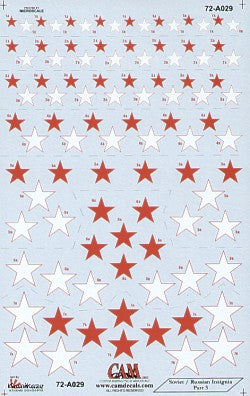 CAM 72-A029 1:72 Soviet Red Stars National Insignia, 7 sizes. Can be used with or without red/white outline