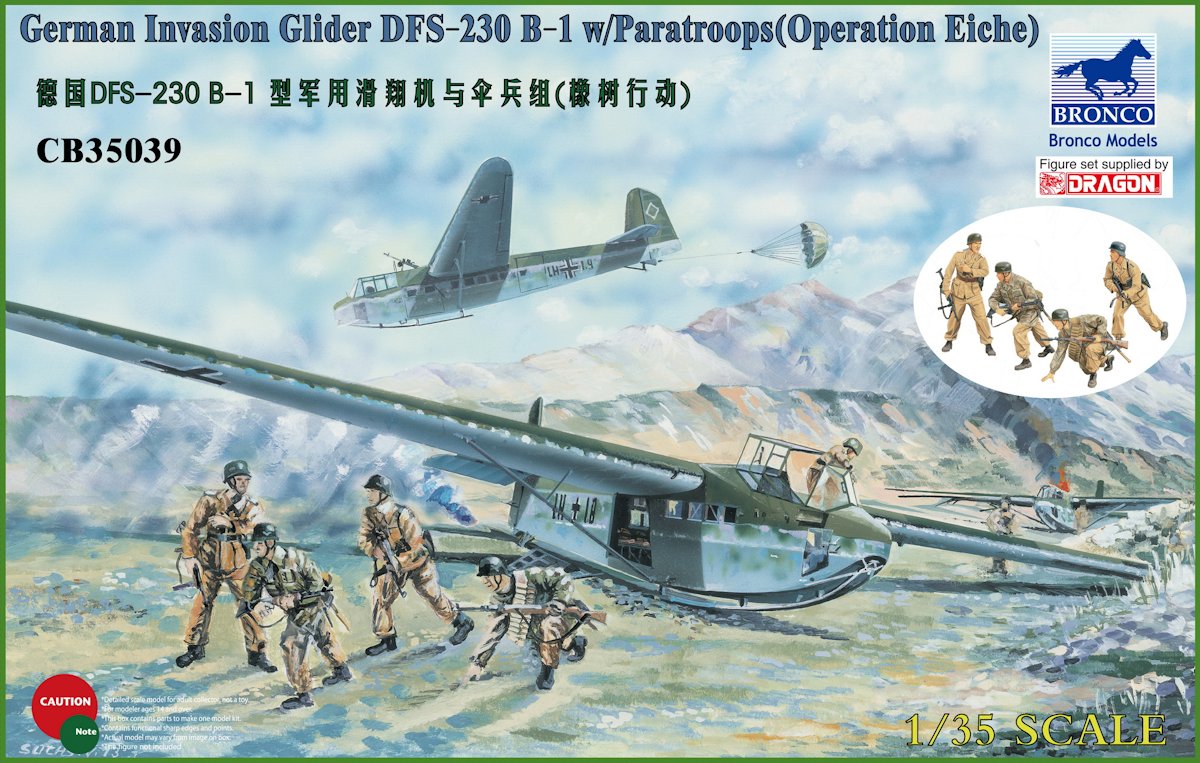 Bronco Models CB35039 1:35 DFS DFS-230B-1 German Invasion Glider with Dragon Paratroops Figures (Operation Eiche)