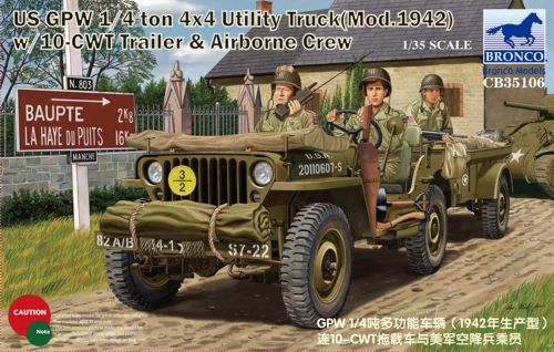 Bronco Models CB35106 1:35 U.S. GPW 1/4ton 4x4 Utility Truck (Mod.1942) with 10-cwt Trailer & Airborne Crew