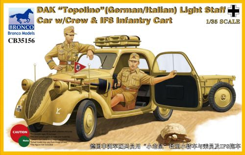 Bronco Models CB35156 1:35 DAK/Afrika Korps 'Topolino' (German/Italian) Light Staff Car with Crew & IF8 Infantry Cart