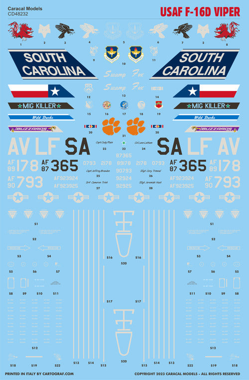 Caracal Models CD48232 1:48 USAF F-16D Viper Six marking options for USAF