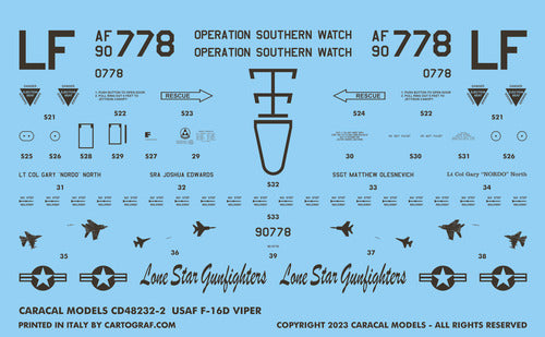 Caracal Models CD48232 1:48 USAF F-16D Viper Six marking options for USAF
