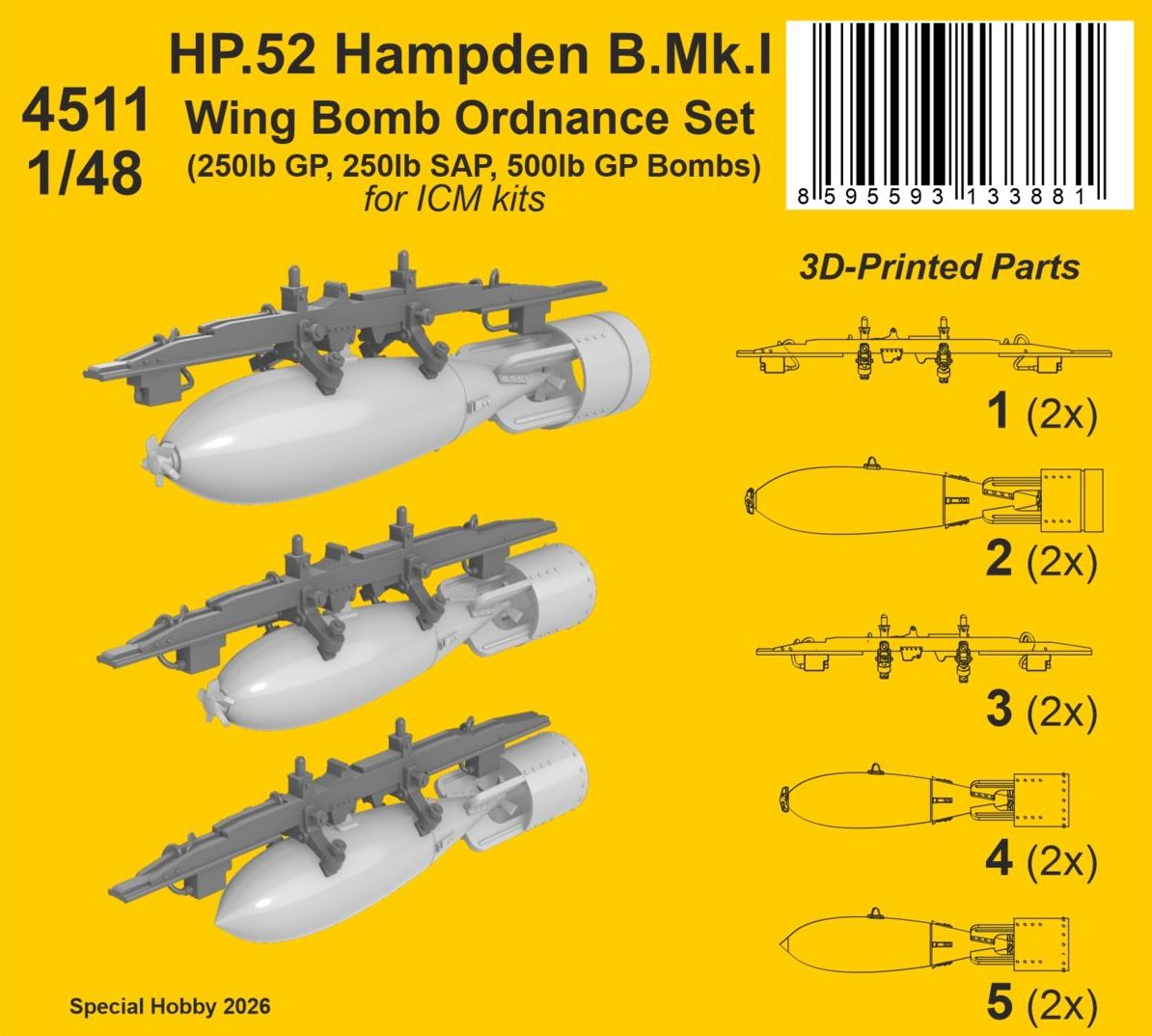 CMK/Czech Master Kits 4511 1:48 Handley Page HP.52 Hampden B.Mk.I - Wing Bomb Ordnance Set