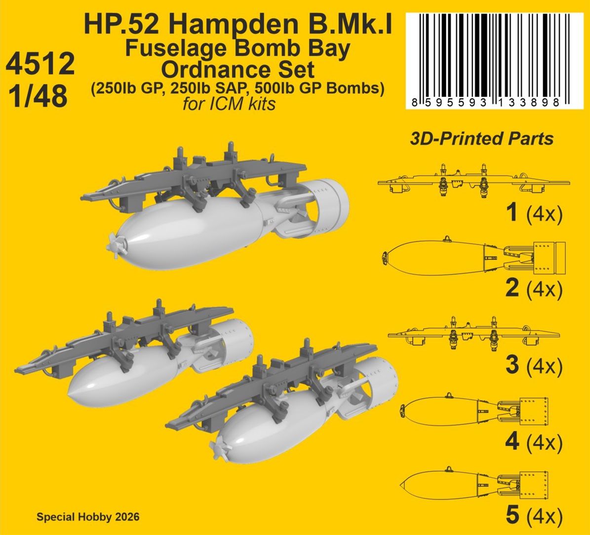 CMK/Czech Master Kits 4512 1:48 Handley-Page HP.52 Hampden B.Mk.I - Fuselage Bomb Bay Ordnance Set,