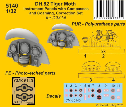 CMK 5140 1:32 de Havilland DH.82 Tiger Moth Instrument Panels with Compasses & Coaming Correction Set