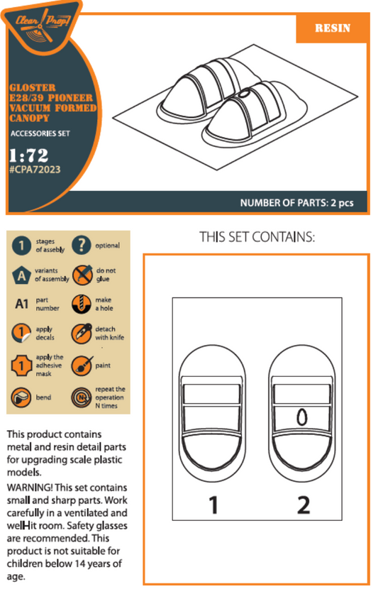 Clear Prop Models A72023 1:72 Gloster E28/39 Pioneer Vacuum Formed Canopy