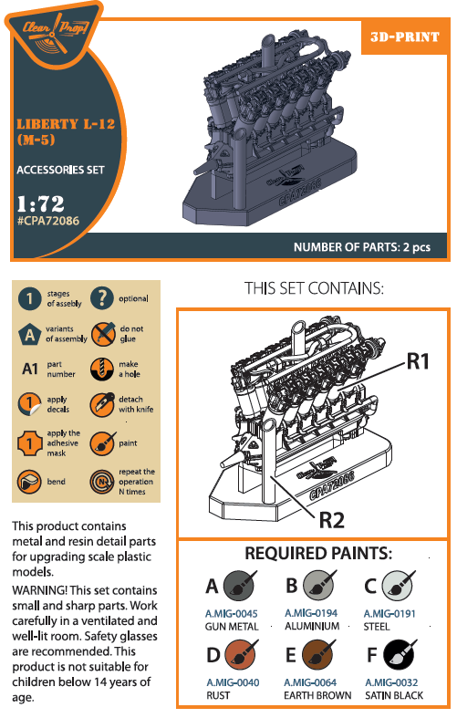 Clear Prop Models A72086 1:72 Liberty L-12 Engine Set