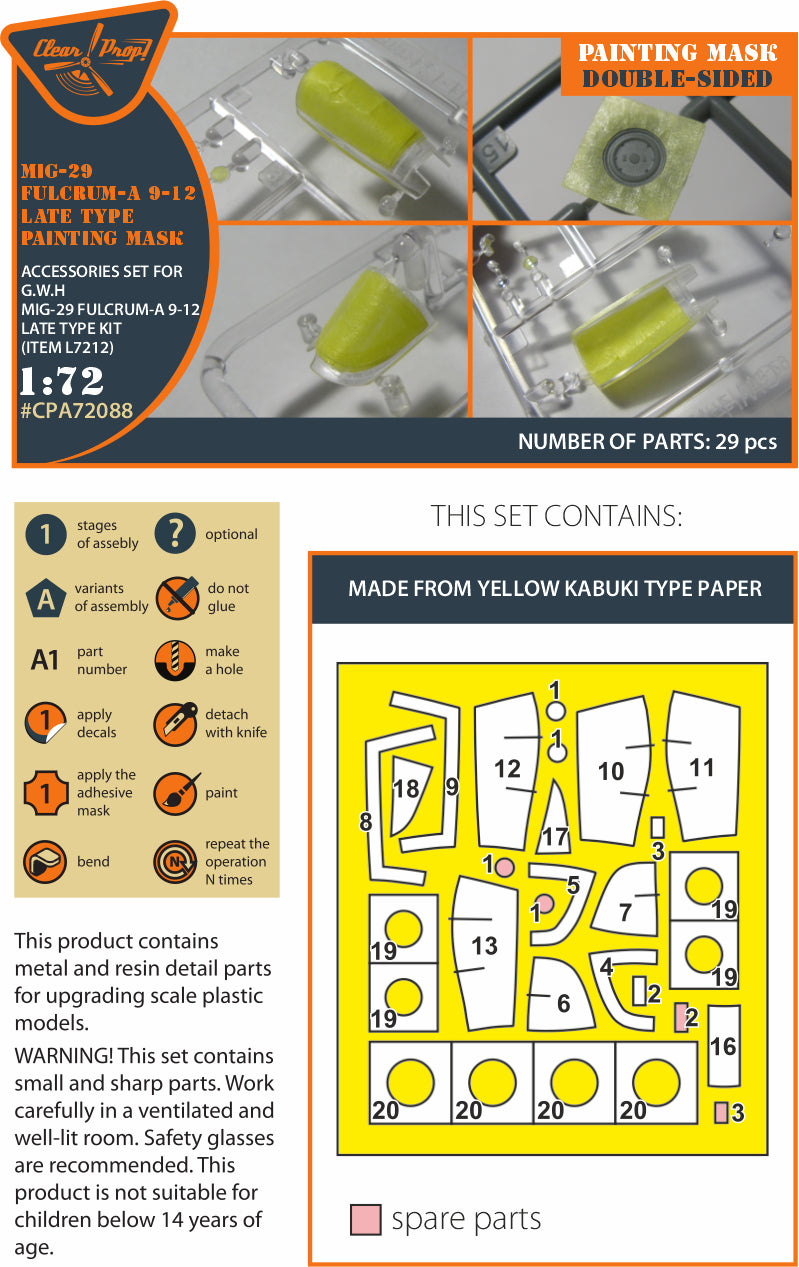 Clear Prop Models A72088 1:72 Mikoyan MiG-29 FULCRUM-A 9-12 Late Type Double-Sided Paint Mask