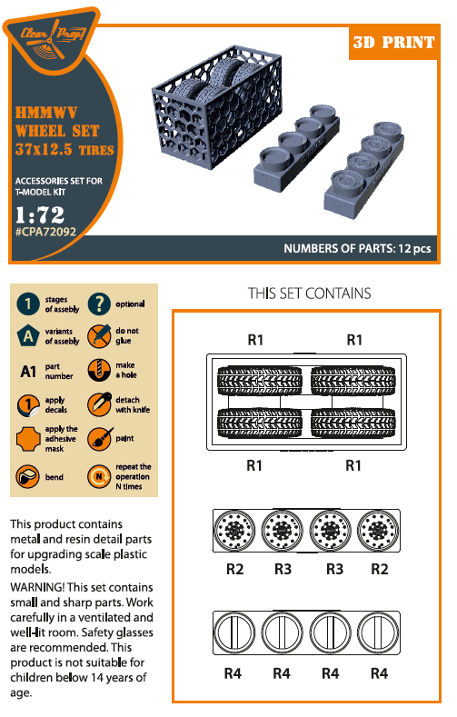 Clear Prop Models CPA72092 1:72 HMMWV Wheel set 37x12,5 Tyres