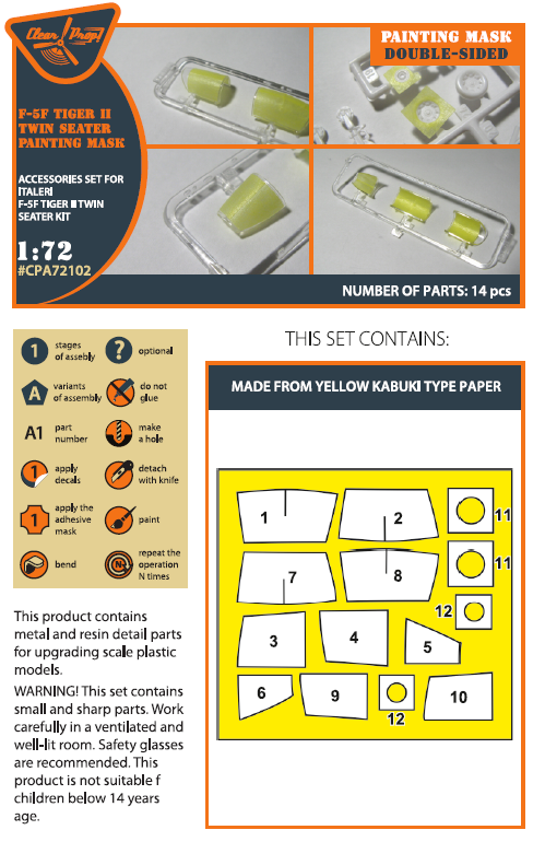 Clear Prop Models CPA72102 1:72 F-5F Tiger II canopy frame painting mask (inside and out)