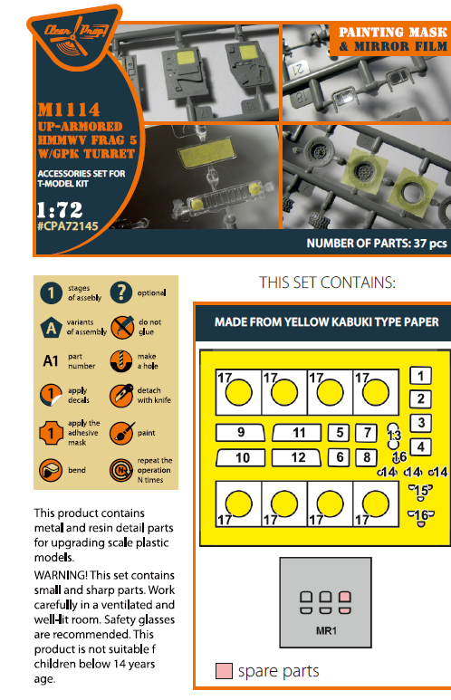 Clear Prop Models CPA72145 1:72 M1114 Up-armored HMMWV Frag 5 W/GPK Turren painting mask