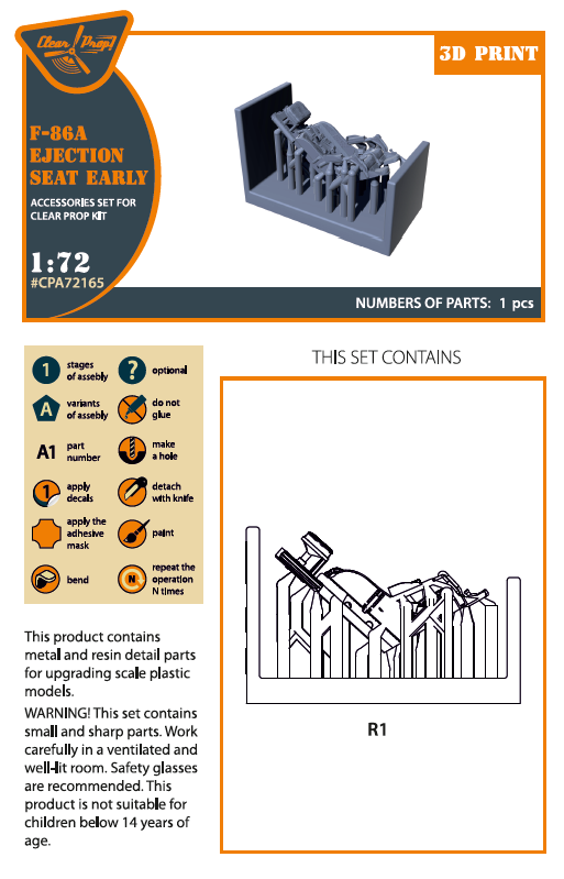 Clear Prop Models CPA72165 1:72 North-American F-86A Sabre Ejection seat early
