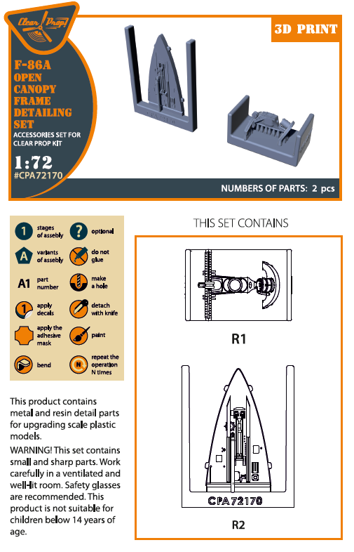 Clear Prop Models CPA72170 1:72 F-86A Open canopy frame detailing set 3D-Printed