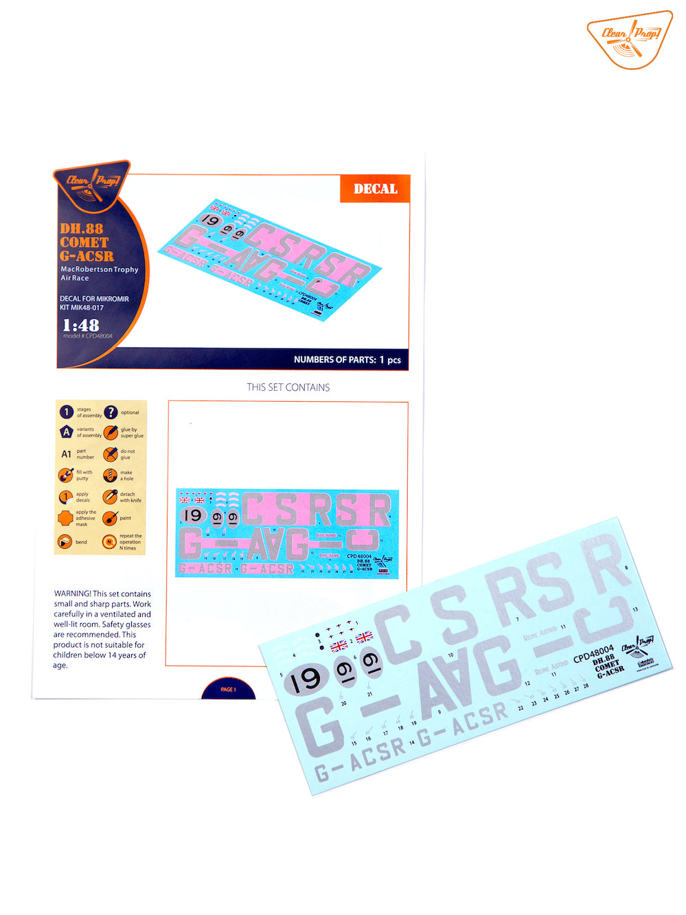 Clear Prop Models CPD48004 1:72 de Havilland DH.88 Comet G-ACSR Mac Robertson Trophy Air Race Decal