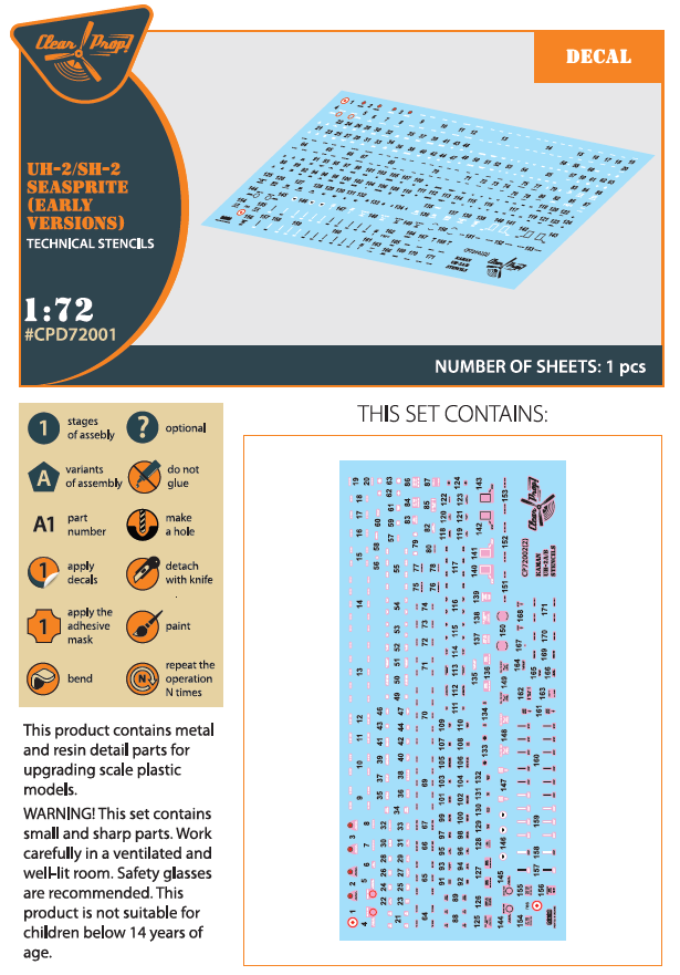 Clear Prop Models D72001 1:72 Kaman UH-2A/B Seasprite Early Version Stencil Decals