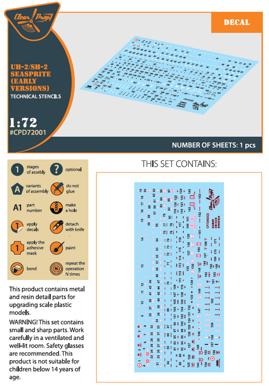 Clear Prop Models D72001 1:72 Kaman UH-2A/B Seasprite Early Version Stencil Decals