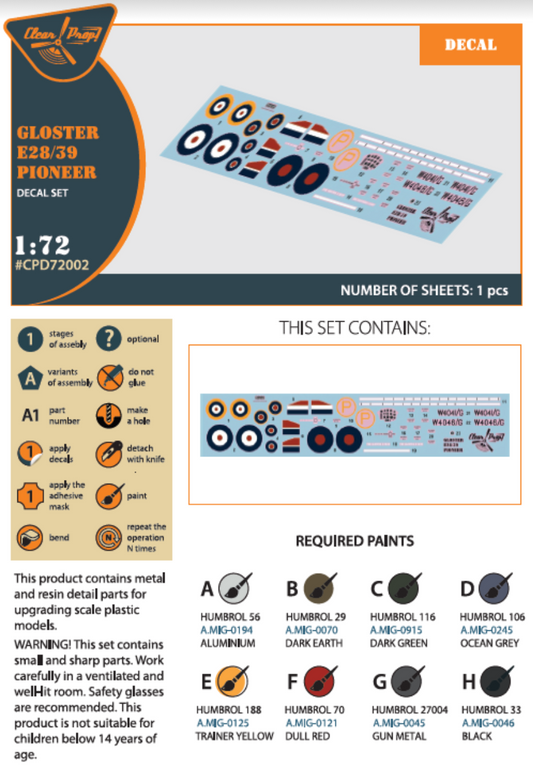 Clear Prop Models CPD72002 1:72 Gloster E28/39 Pioneer Decal