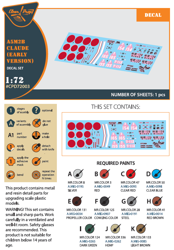 Clear Prop Models D72003 1:72 Mitsubishi A5M2b Claude (Early Version) Decal Set