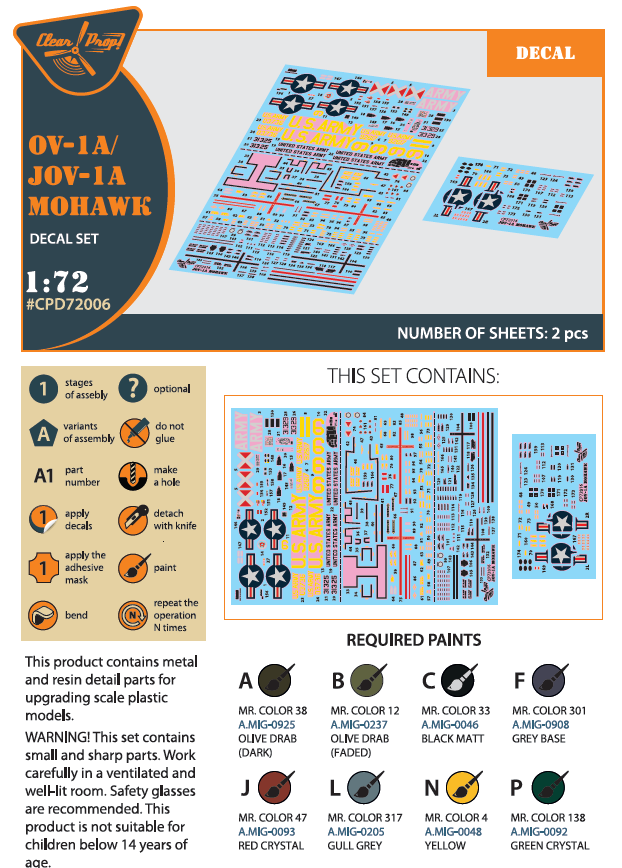 Clear Prop Models D72006 1:72 Grumman OV-1A/JOV-1A Mohawk Decal Set