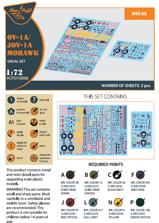 Clear Prop Models D72006 1:72 Grumman OV-1A/JOV-1A Mohawk Decal Set