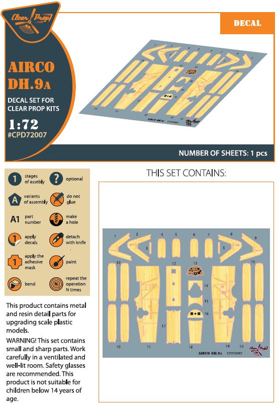 Clear Prop Models D72007 1:72 Airco DH.9a Decal Set