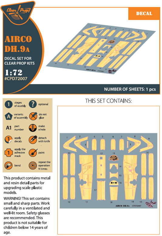 Clear Prop Models D72007 1:72 Airco DH.9a Decal Set