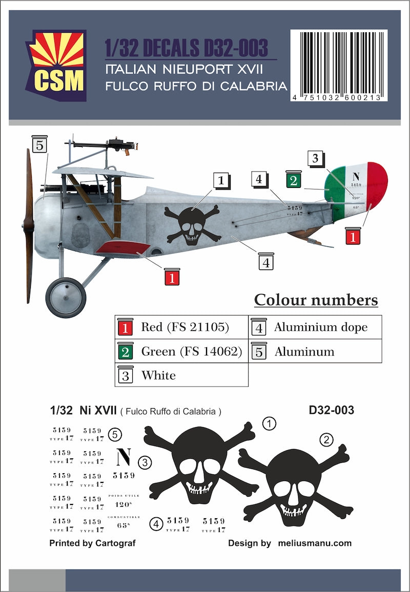 Copper State Models D32003 1:32 Italian Nieuport XVII Fulco Ruffo di Calabria Personnal Markings