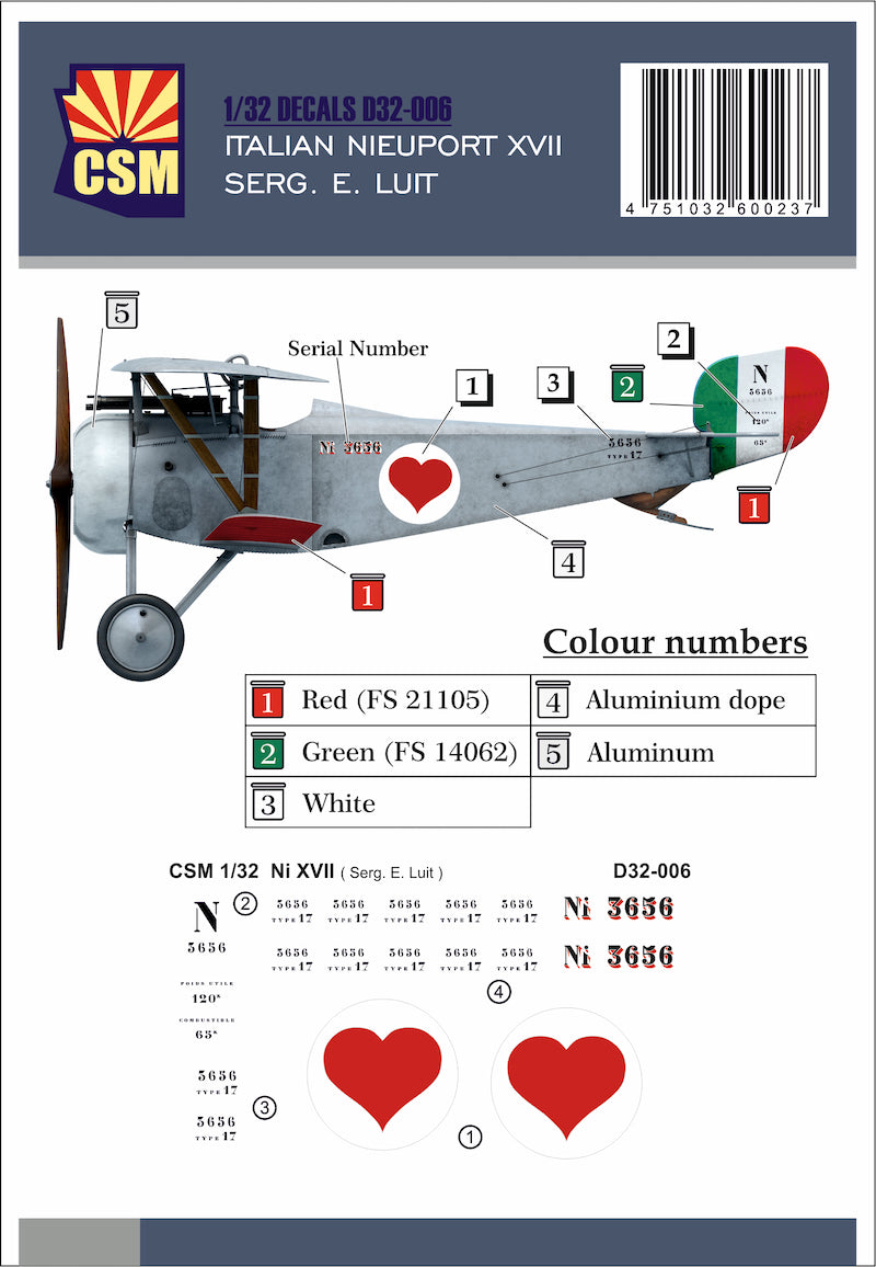 Copper State Models D32006 1:32 Italian Nieuport XVII Serg. E. Luit Personnal Markings