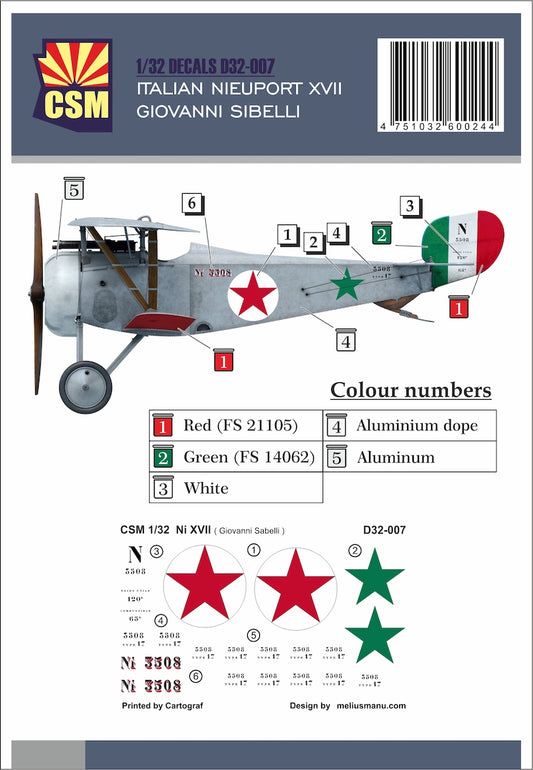 Copper State Models D32007 1:32 Italian Nieuport XVII Giovanni Sibelli Personnal Markings