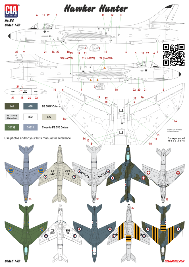 CtA Cut then Add 054 1:72 Hawker Hunter - RAF, FAA, Swiss, Sweden, 6 Markings