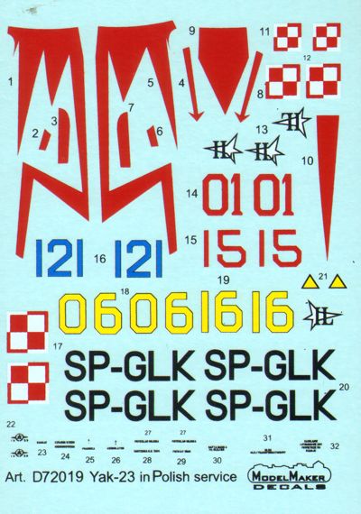Model Maker Decals D72019 1:72 Yakovlev Yak-23 in Polish Service