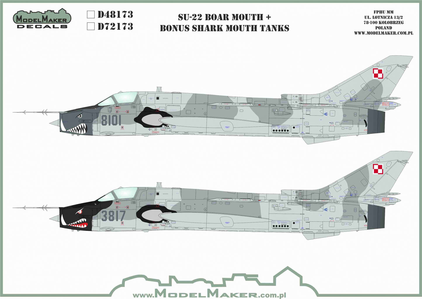 Model Maker Decals 72173 1:72 Sukhoi Su-22 Boar Mouth + bonus shark mouth tanks