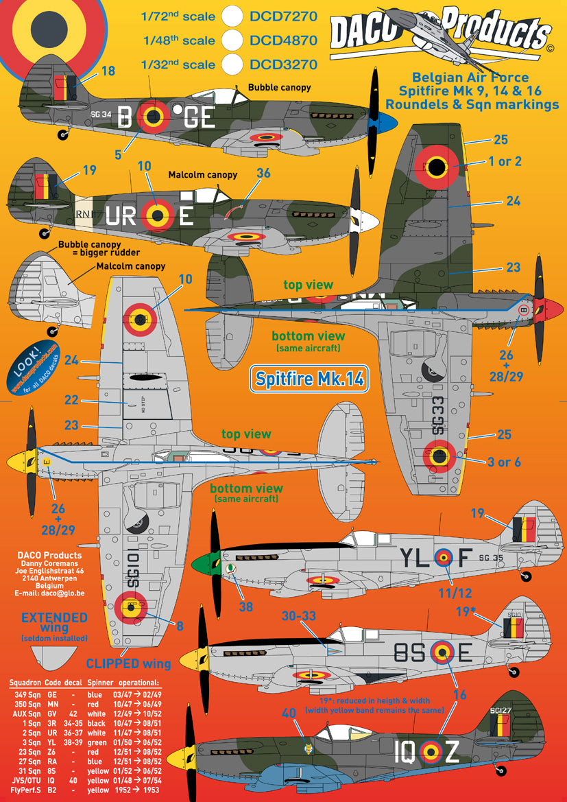 Daco Products DCD3270 1:32 Supermarine Spitfire Belgian Air Force [Mk.IXc Mk.IXe Mk.XIV and Mk.XVI]