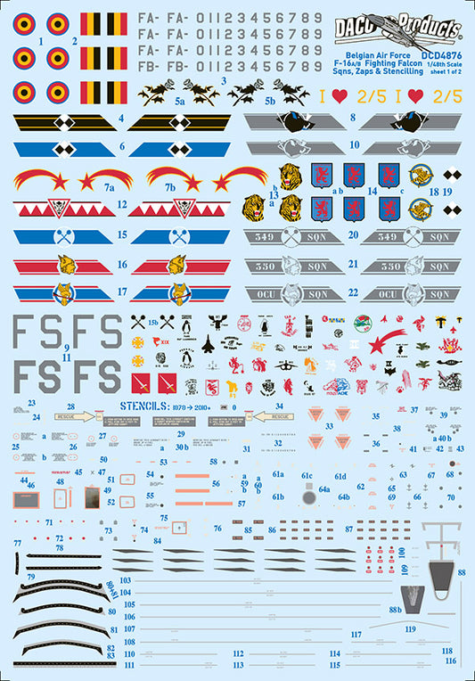 Daco Products DCD4876 1:48 BAF F-16A/F-16B Fighting Falcon Sqn Emblems & Stencilling