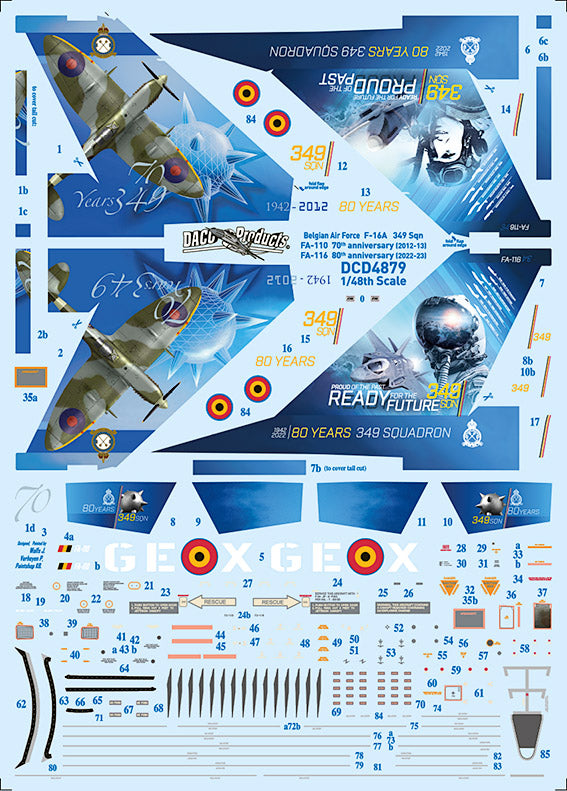 Daco Products DCD4879 1:48 General-Dynamics F-16A MLU Fighting Falcon 349Sqn 70 & 80 y. Specials