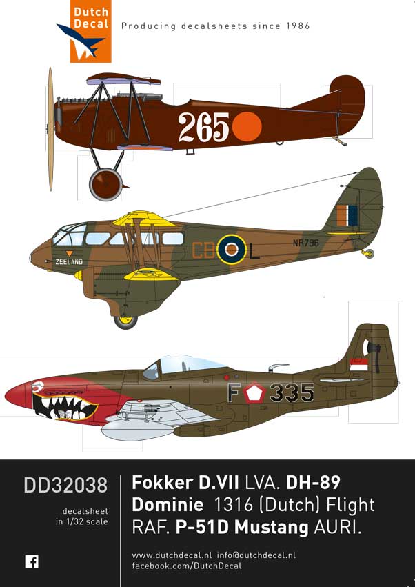 Dutch Decal DD32038 1:32 Fokker D.VII, de Havilland Dominie, North-American P-51D AURI