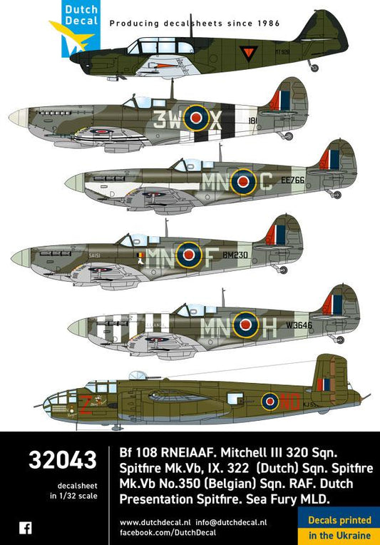 Dutch Decal 32043 1:32 Dutch and Belgian Spitfires RAF WWII. Mitchell III 320 Sqn RAF. Bf 108 RNEIAAF.